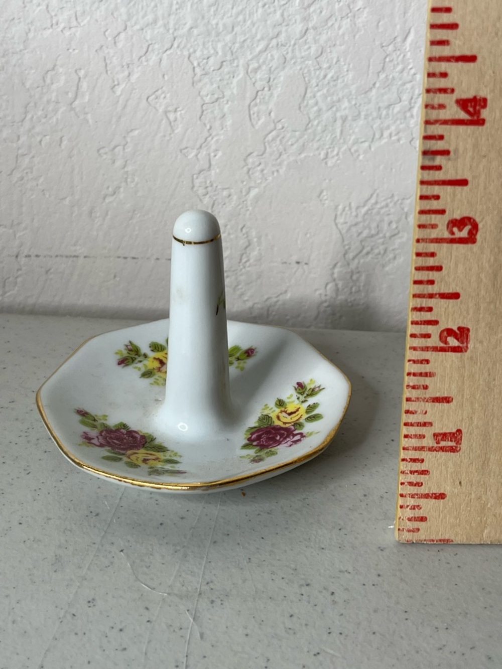 Porcelain Floral Ring Holder Dish with Gold Trim - White